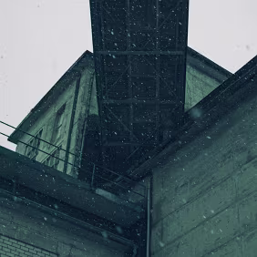 Overhead Weight Seen from below, concrete planes converge and press inward. Snow drifts through the frame, amplifying the sense of enclosure and the heavy presence of the...