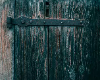 Load Bearing A corroded hinge anchors aged wood, carrying weight long after its original finish has faded. Function persists as structure absorbs time.