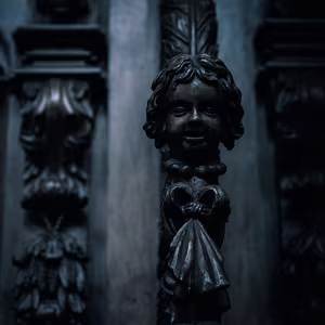 Unblessed A dark study of ecclesiastical ornaments seen without faith — childlike figures, ritual symbols, and mortality rendered...